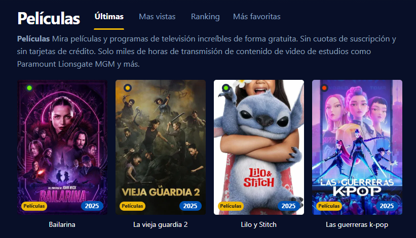 Imagen de la plataforma de Pepelisplus mostrando peliculas y series organizadas por tipo